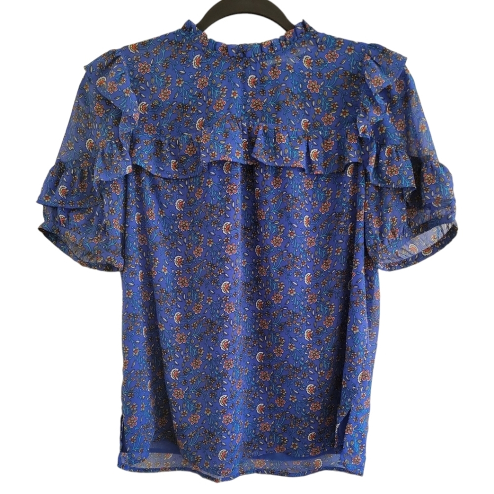 Loft Blue Floral Short Sleeve Ruffled Blouse Size S